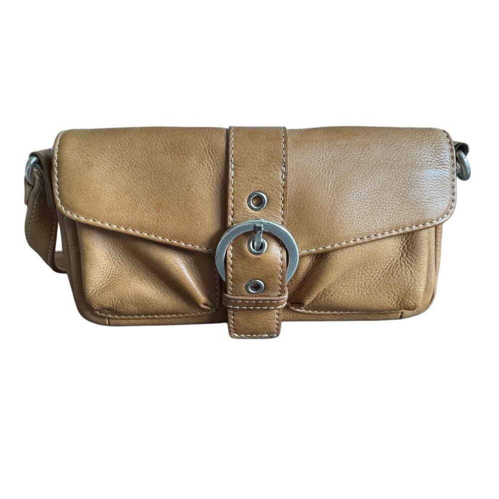 Genuine Leather Tan Shoulder Bag Y2K Boho Buckle Purse Minimalist Soft Vintage